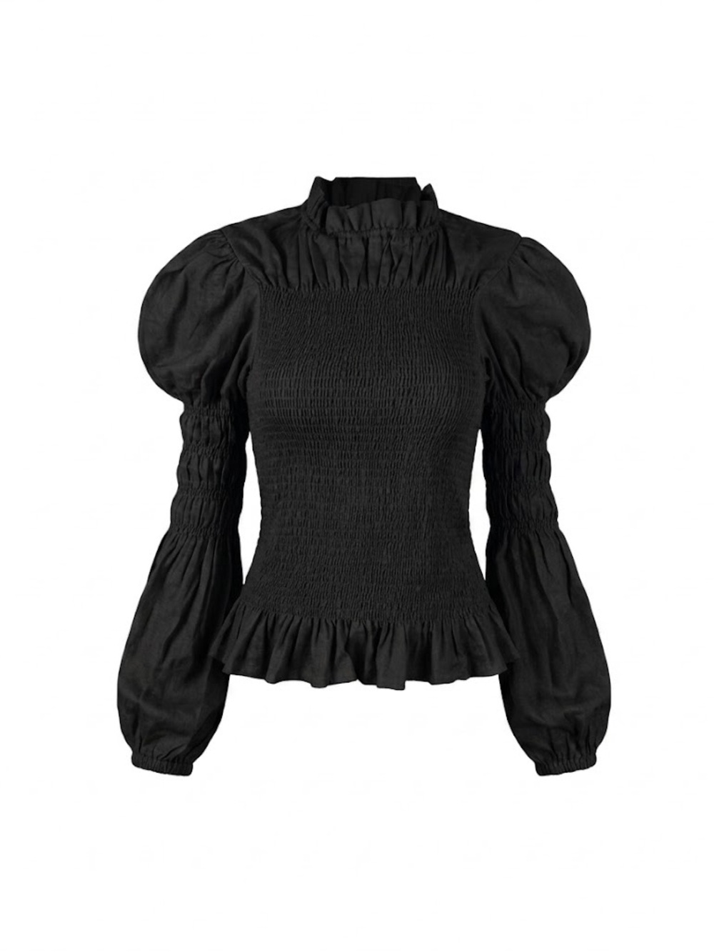 Nary Resort Rohnea Linen Shirring Turtleneck Top Black Large